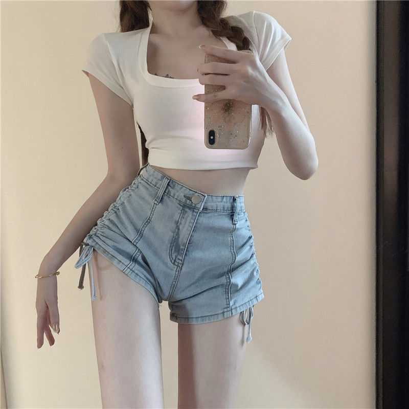 VARIANT_IMAGE::Light Blue | Women's side drawstring denim shorts