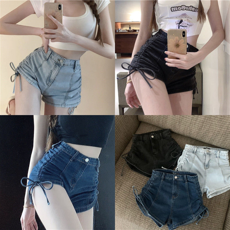 VARIANT_IMAGE::Black Gray | Women's side drawstring denim shorts
