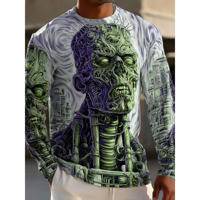 GMABCD Men's Skull Graphic Long-Sleeve T-Shirt – Halloween Print Crewneck