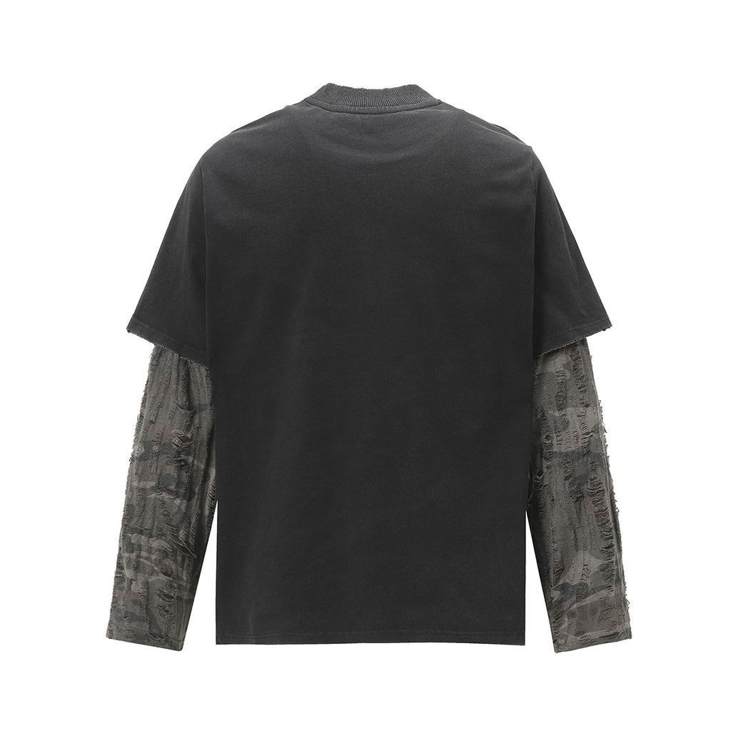 Unisex washed distressed layered long-sleeve T-shirt image 2