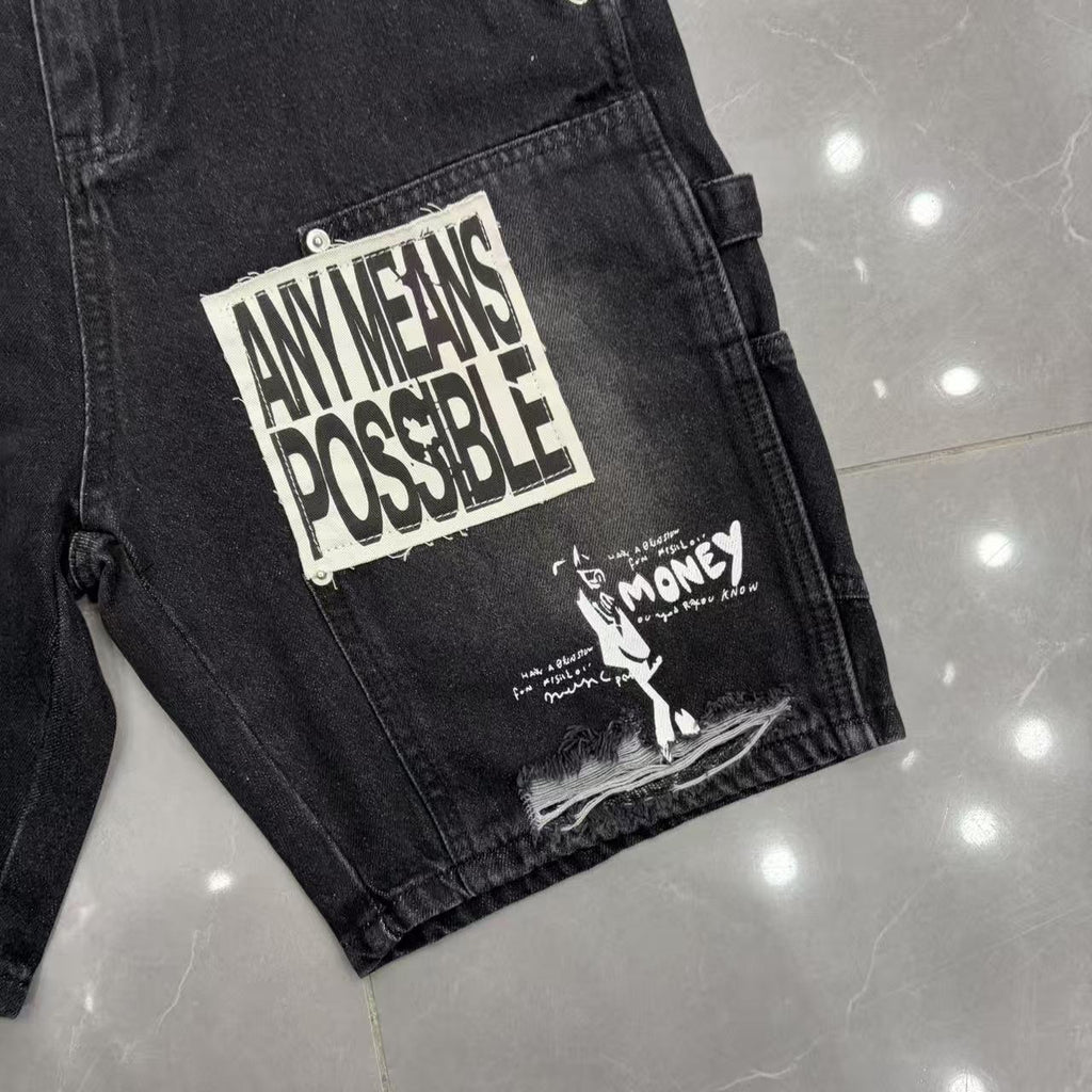 Unisex patchwork distressed denim Bermuda shorts detail 4