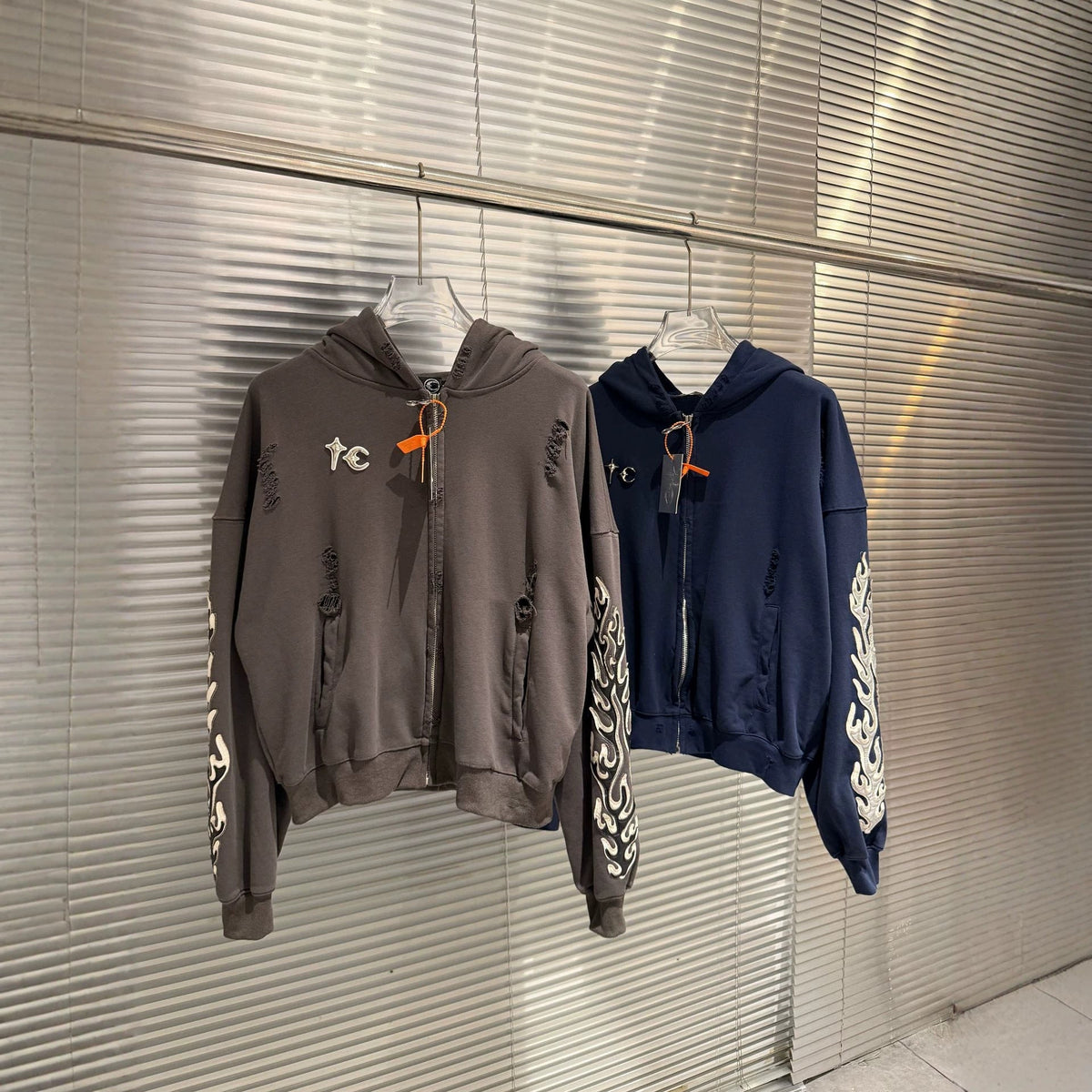 GMABCD Unisex Distressed Embroidered Zip-Up Hoodie – Relaxed Streetwear Jacket