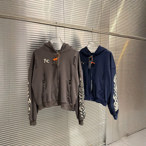 GMABCD Unisex Distressed Embroidered Zip-Up Hoodie – Relaxed Streetwear Jacket