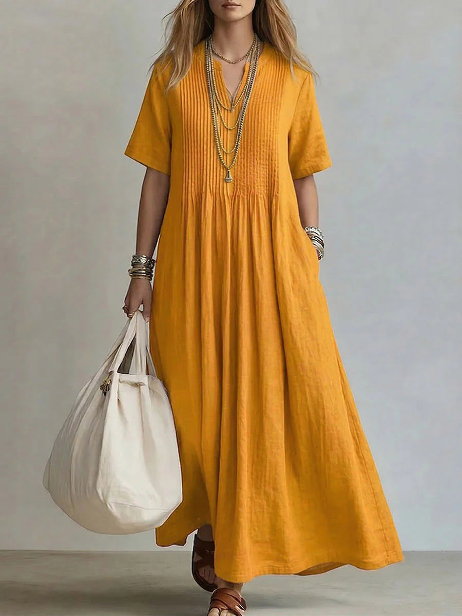 VARIANT_IMAGE::Yellow | Women's relaxed V-neck pleated maxi dress