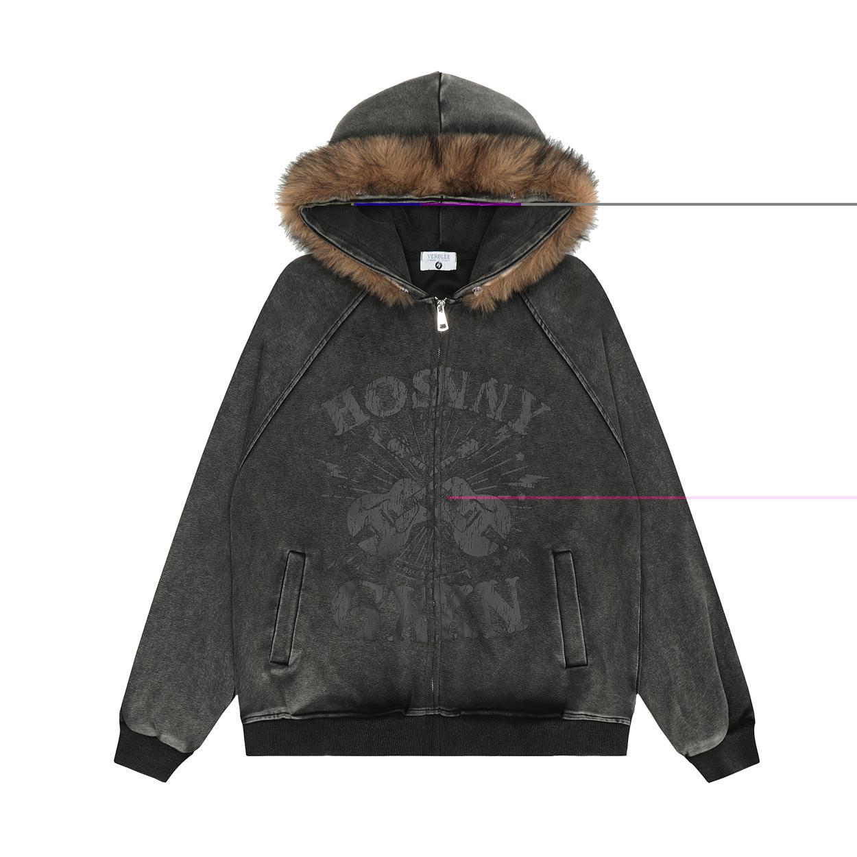 Unisex guitar graphic fur-trim zip-up hoodie detail 1