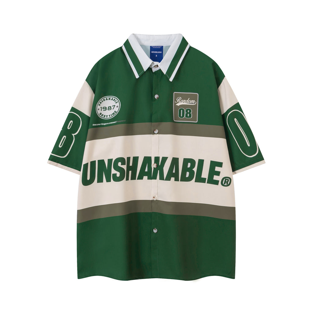 VARIANT_IMAGE::Green | Color-block graphic button-up T-shirt