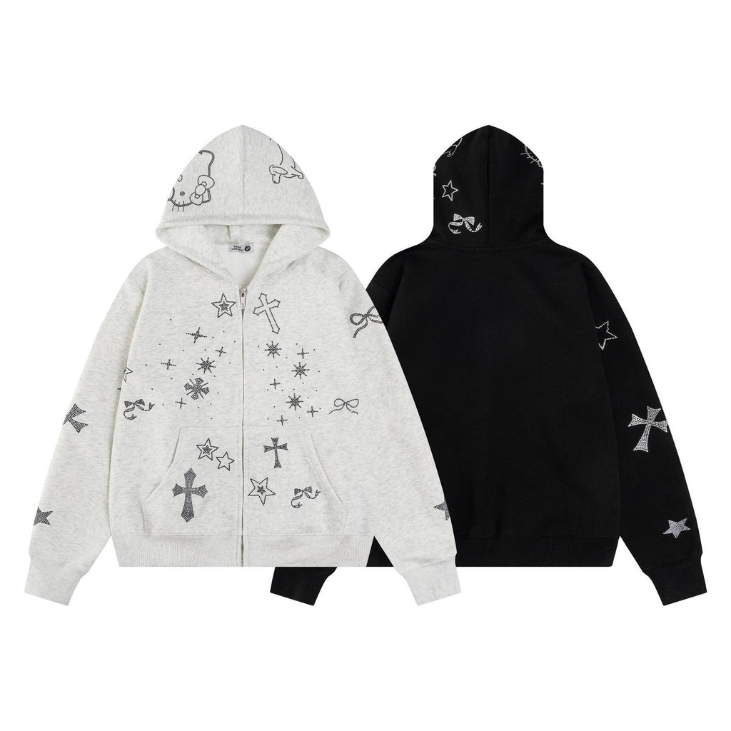 Unisex rhinestone graphic zip-up hoodie detail 3