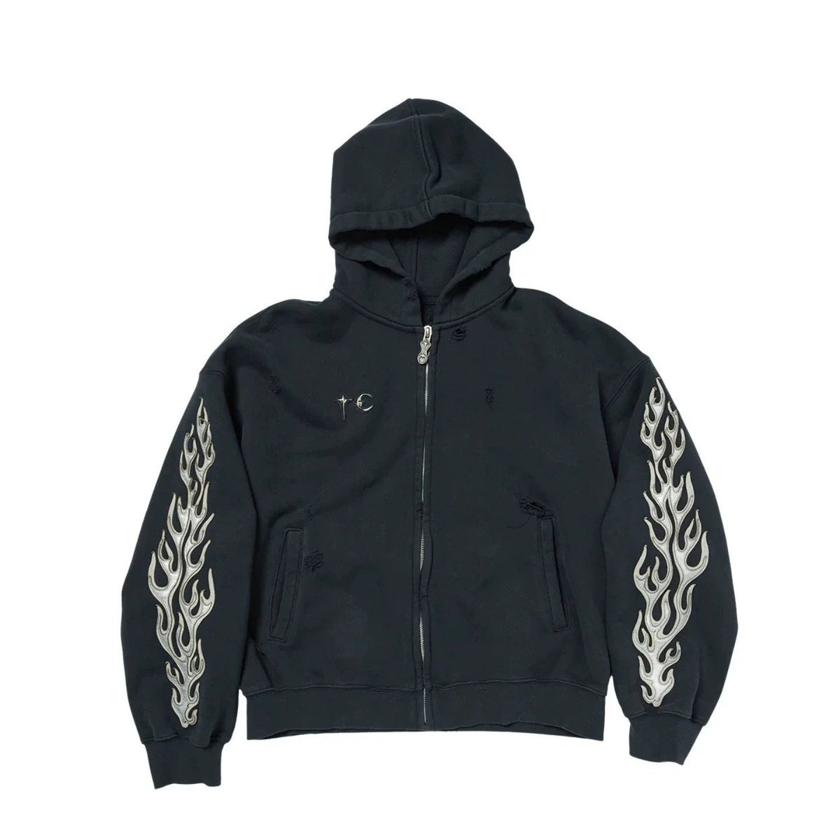 GMABCD Unisex Distressed Embroidered Zip-Up Hoodie – Relaxed Streetwear Jacket