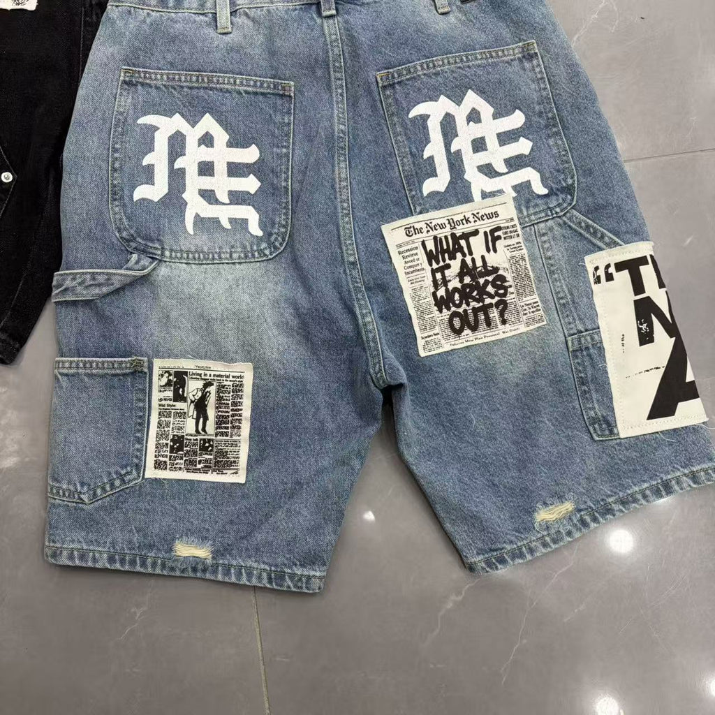VARIANT_IMAGE::EM163 Blue | Patchwork distressed denim Bermuda shorts