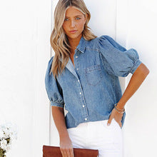VARIANT_IMAGE::Blue | Women's washed denim puff-sleeve shirt