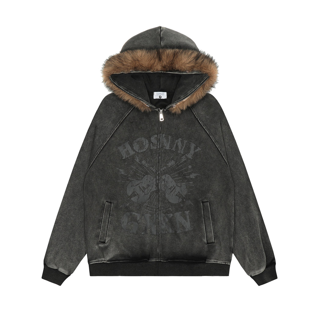 VARIANT_IMAGE::Black | Guitar graphic fur-trim zip hoodie