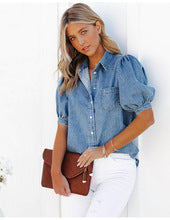 Women's washed denim puff-sleeve shirt detail 5