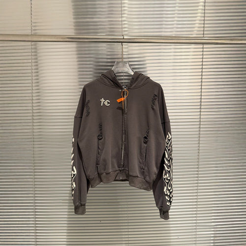 GMABCD Unisex Distressed Embroidered Zip-Up Hoodie – Relaxed Streetwear Jacket