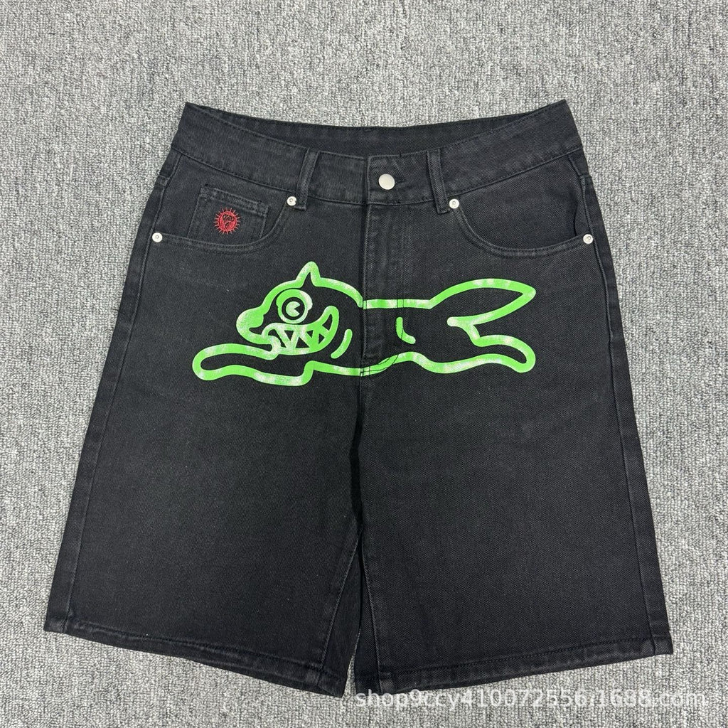VARIANT_IMAGE::Black / Green Graphic | Dog graphic denim shorts