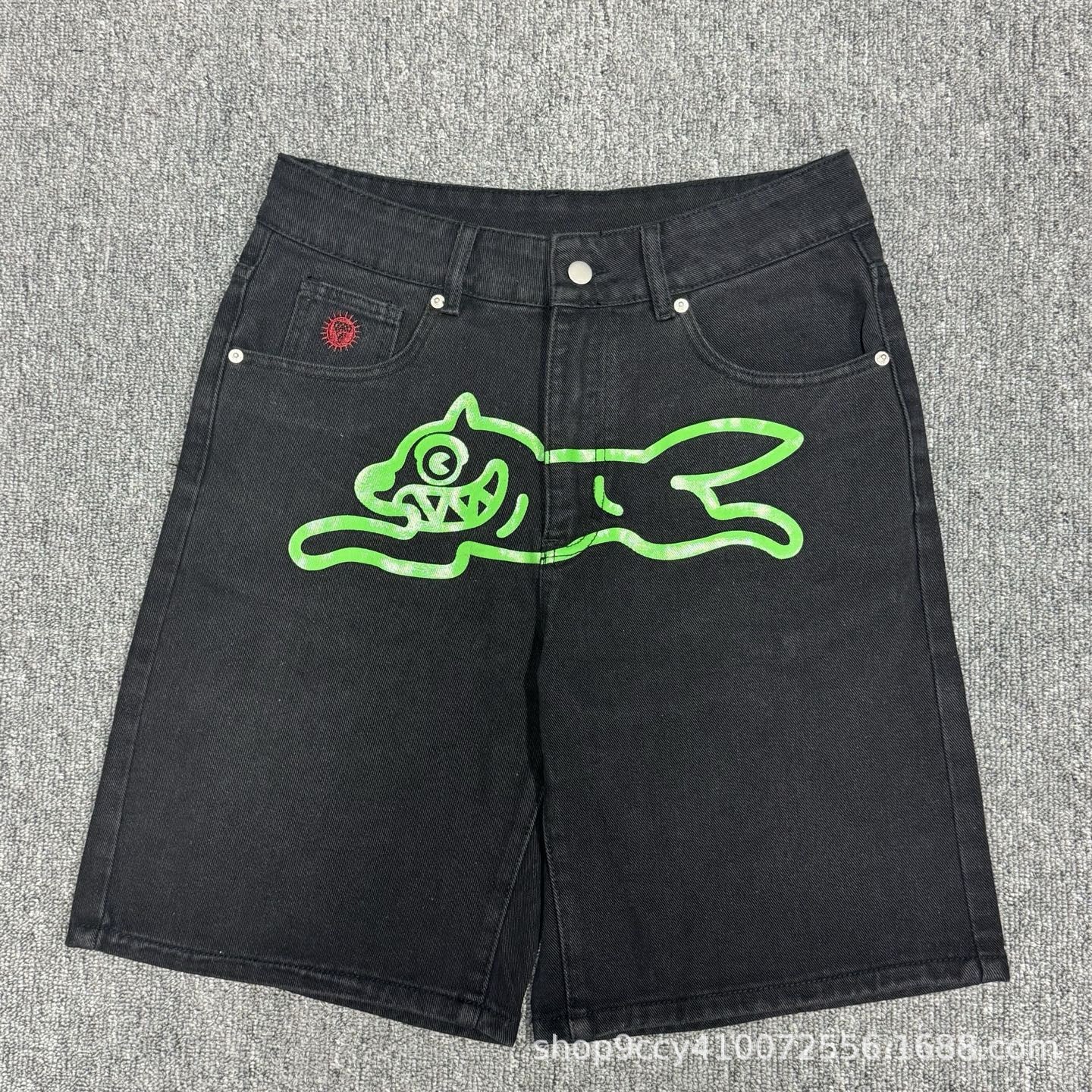 VARIANT_IMAGE::Black / Green Graphic | Dog graphic denim shorts