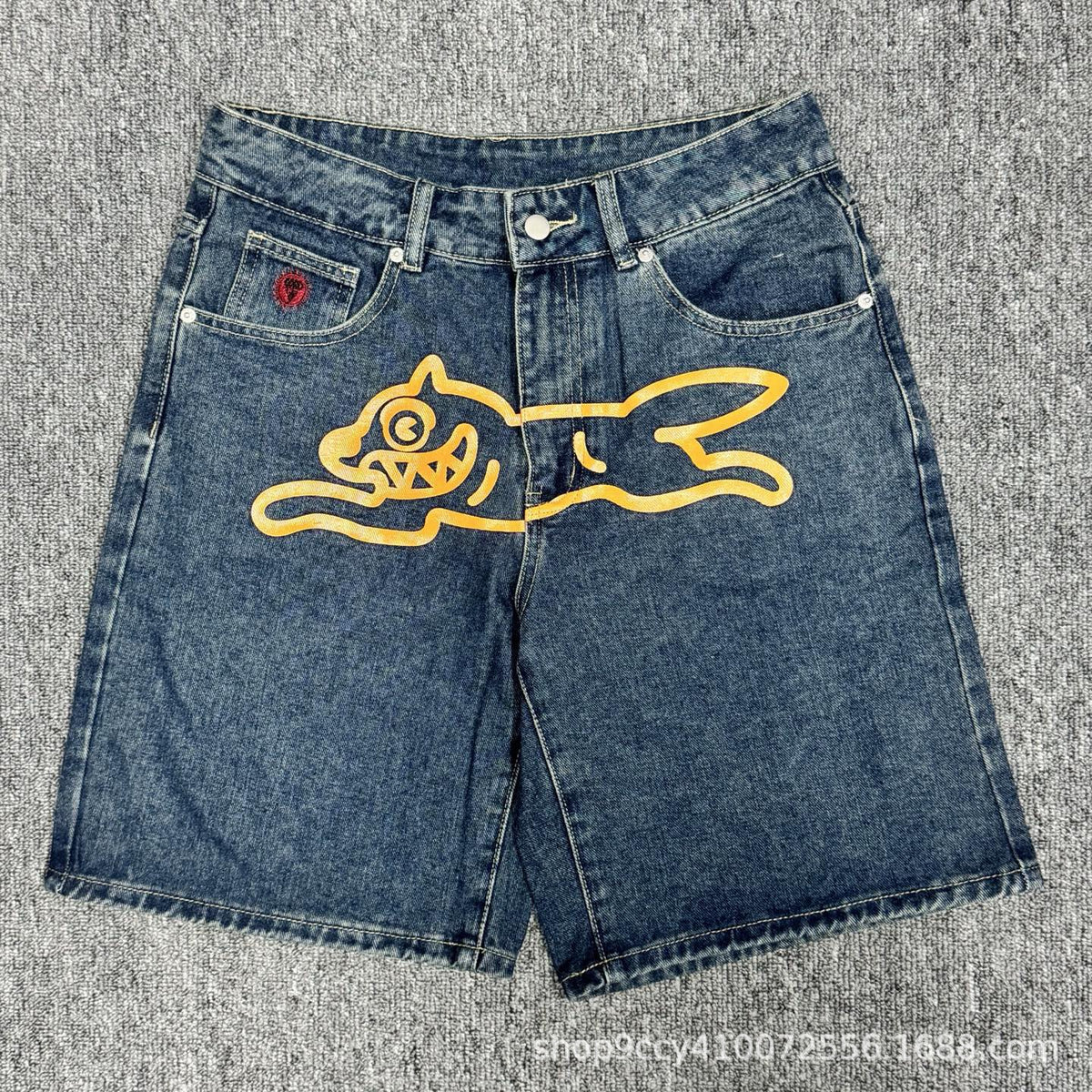 VARIANT_IMAGE::Dark Blue / Orange Graphic | Dog graphic denim shorts