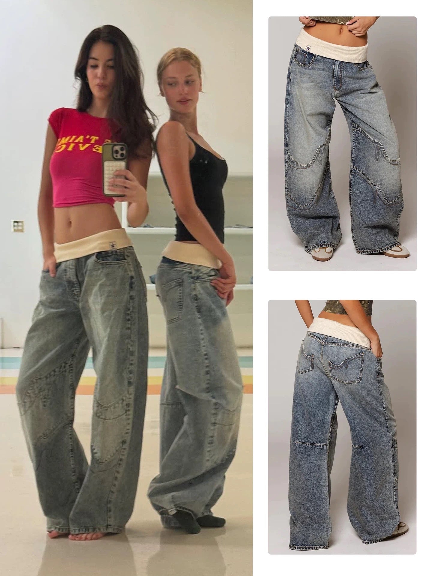 Women's embroidered ribbed-waist wide-leg jeans image 1