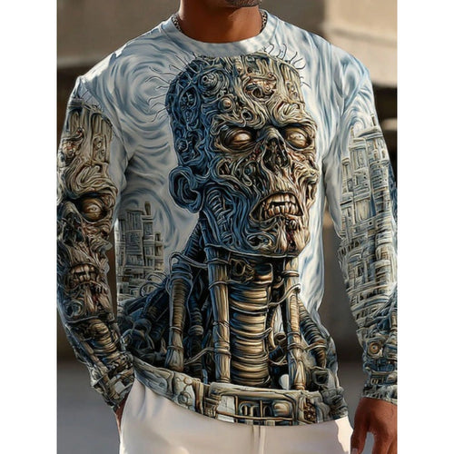 GMABCD Men's Skull Graphic Long-Sleeve T-Shirt – Halloween Print Crewneck