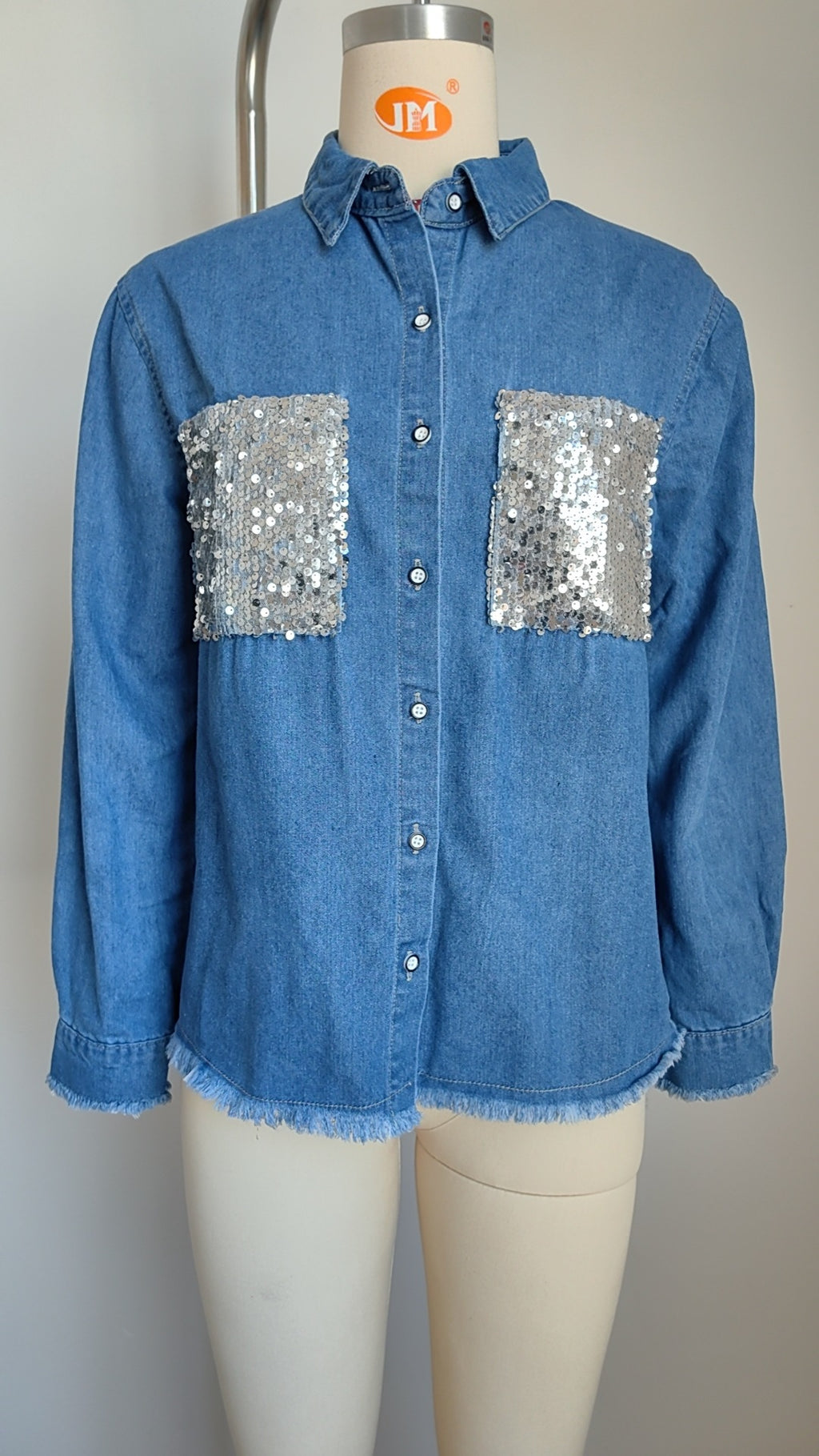 VARIANT_IMAGE::Real Photo | Women's Sequin Pocket Denim Shirt Jacket – Frayed Hem Oversized Fit
