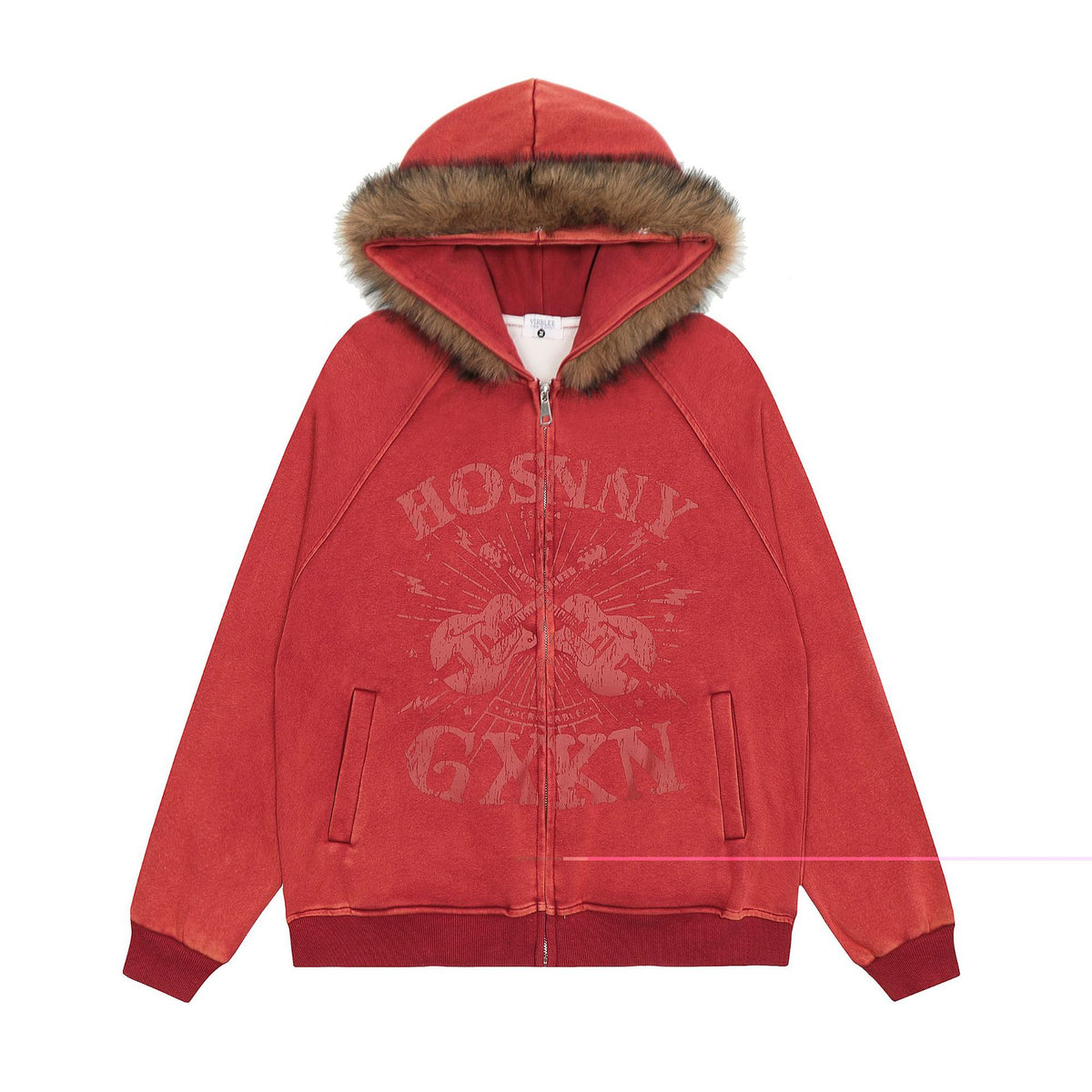 VARIANT_IMAGE::Red | Guitar graphic fur-trim zip hoodie