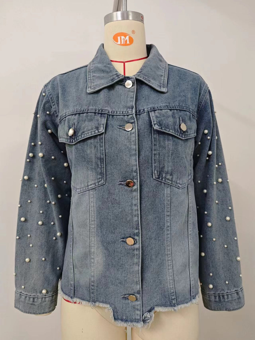 VARIANT_IMAGE::Real Photo | Women's Pearl-Embellished Denim Jacket – Metal Buttons & Frayed Hem