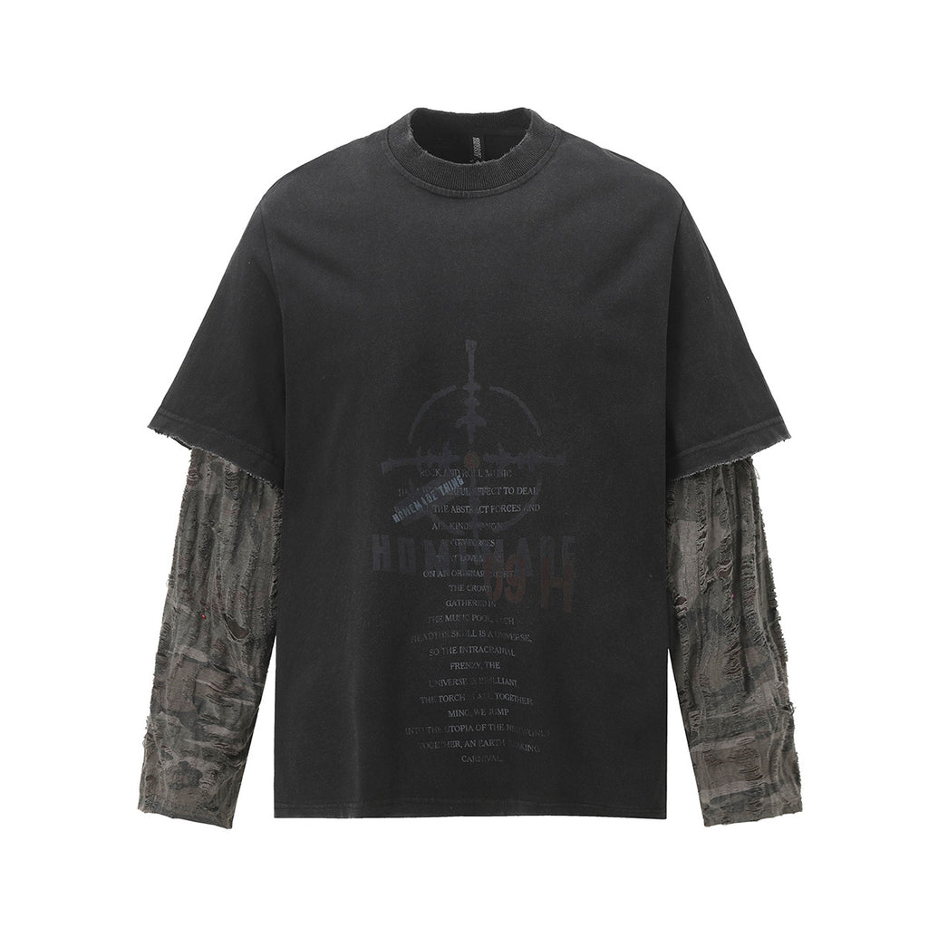 Unisex washed distressed layered long-sleeve T-shirt image 1