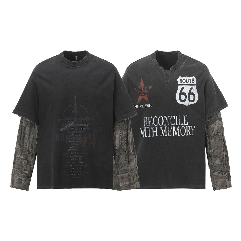 Unisex washed distressed layered long-sleeve T-shirt image 5